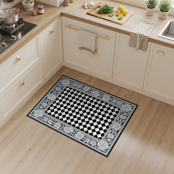 Black White Rose Floral Checkered Area Rug
