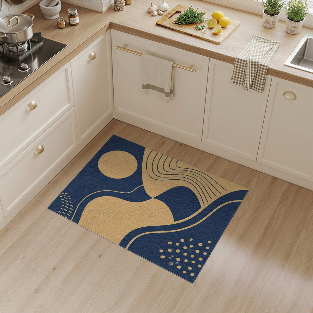 Blue and Teal Navy Gold Abstract Wave Area Rug