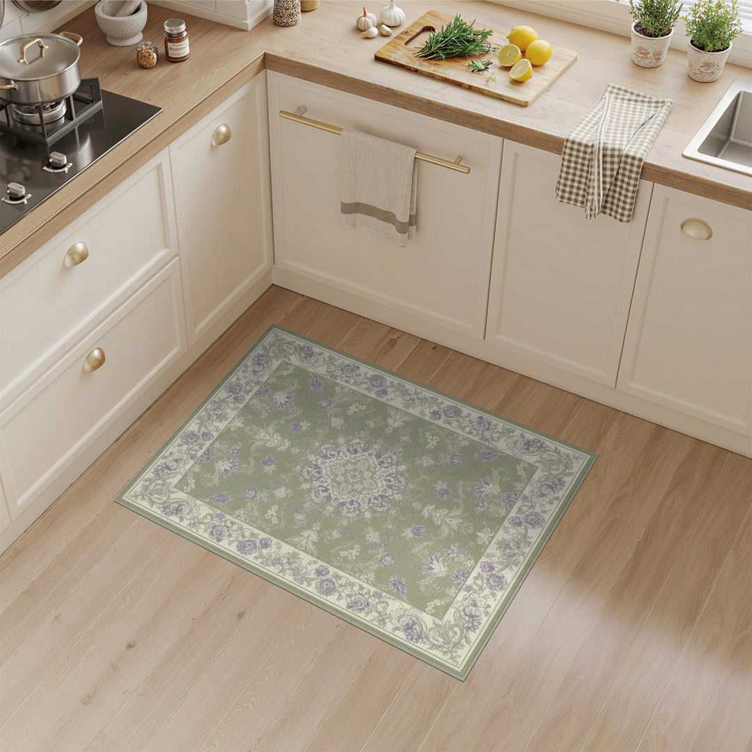 Washable Green Floral Vintage Washable Area Rug