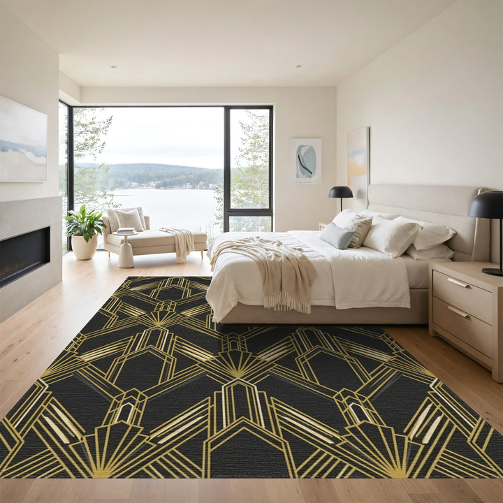 Art Deco Black Gold Geometric Fan Rug