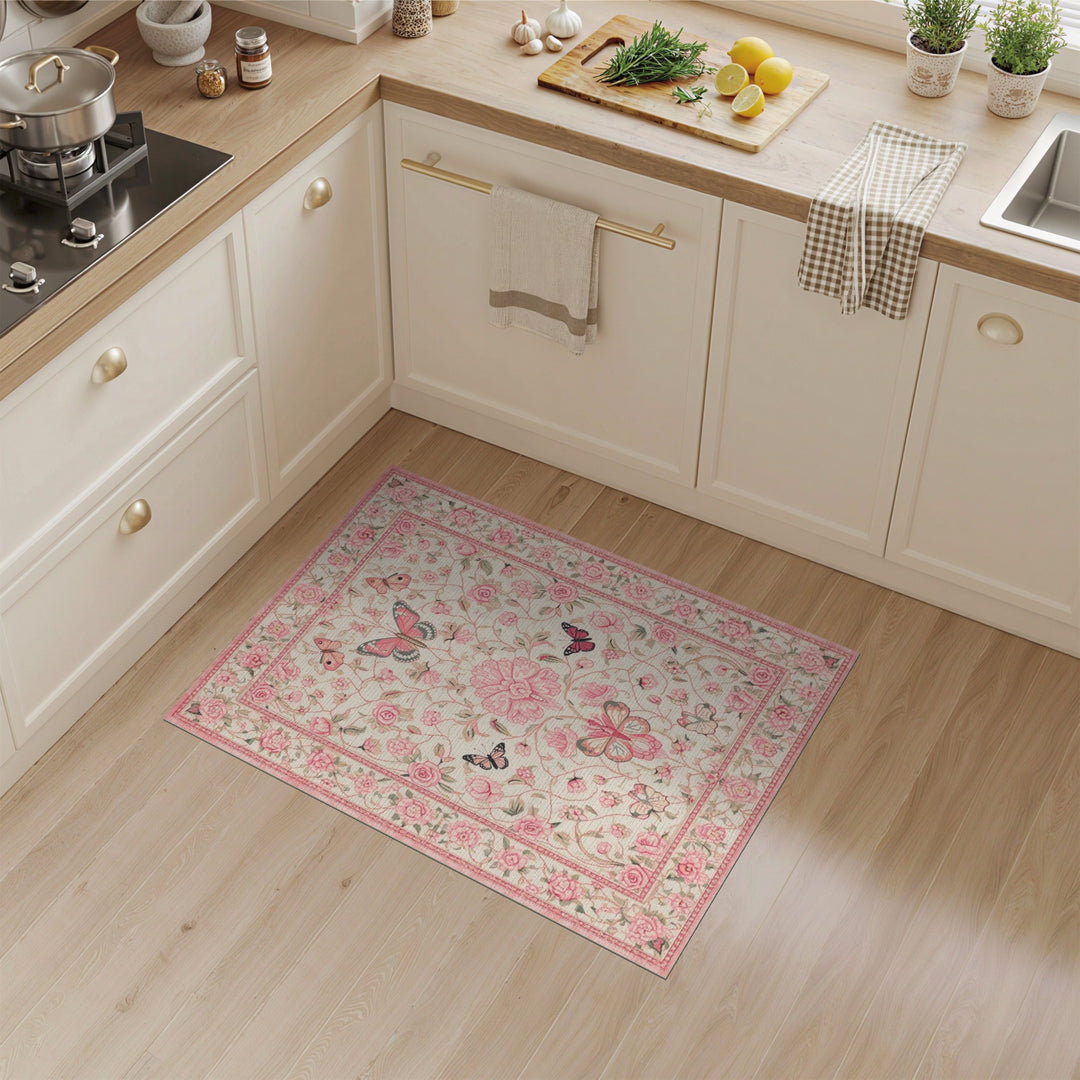 Pink Butterfly Rose Floral Vintage Area Rug