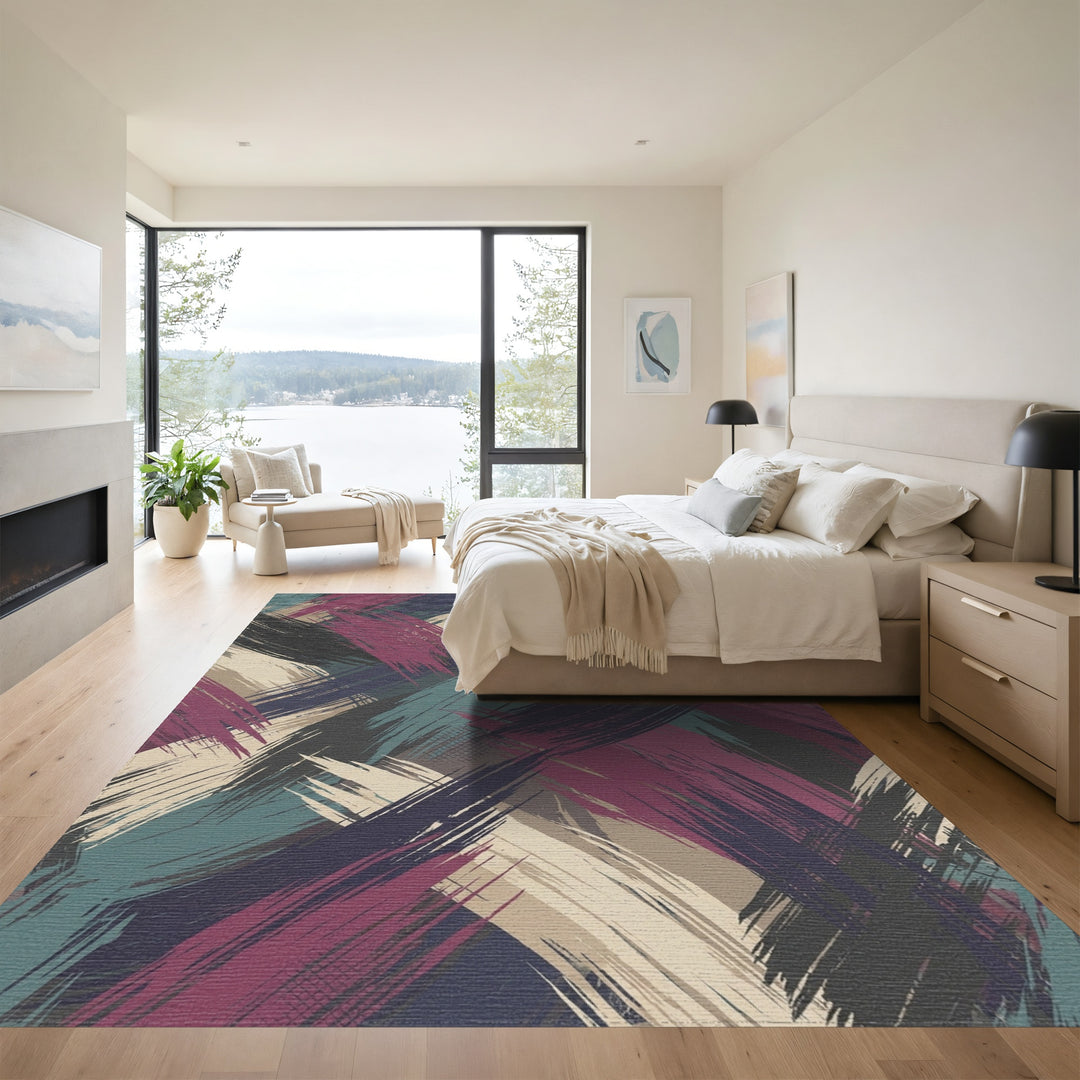 Bold Crimson Teal Brushstroke Abstract Rug