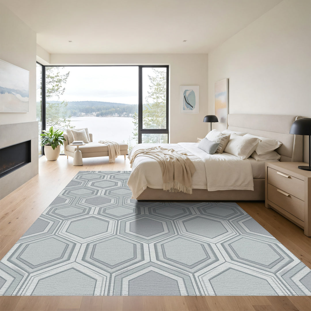 Cool Gray Layered Hexagon Grid Rug