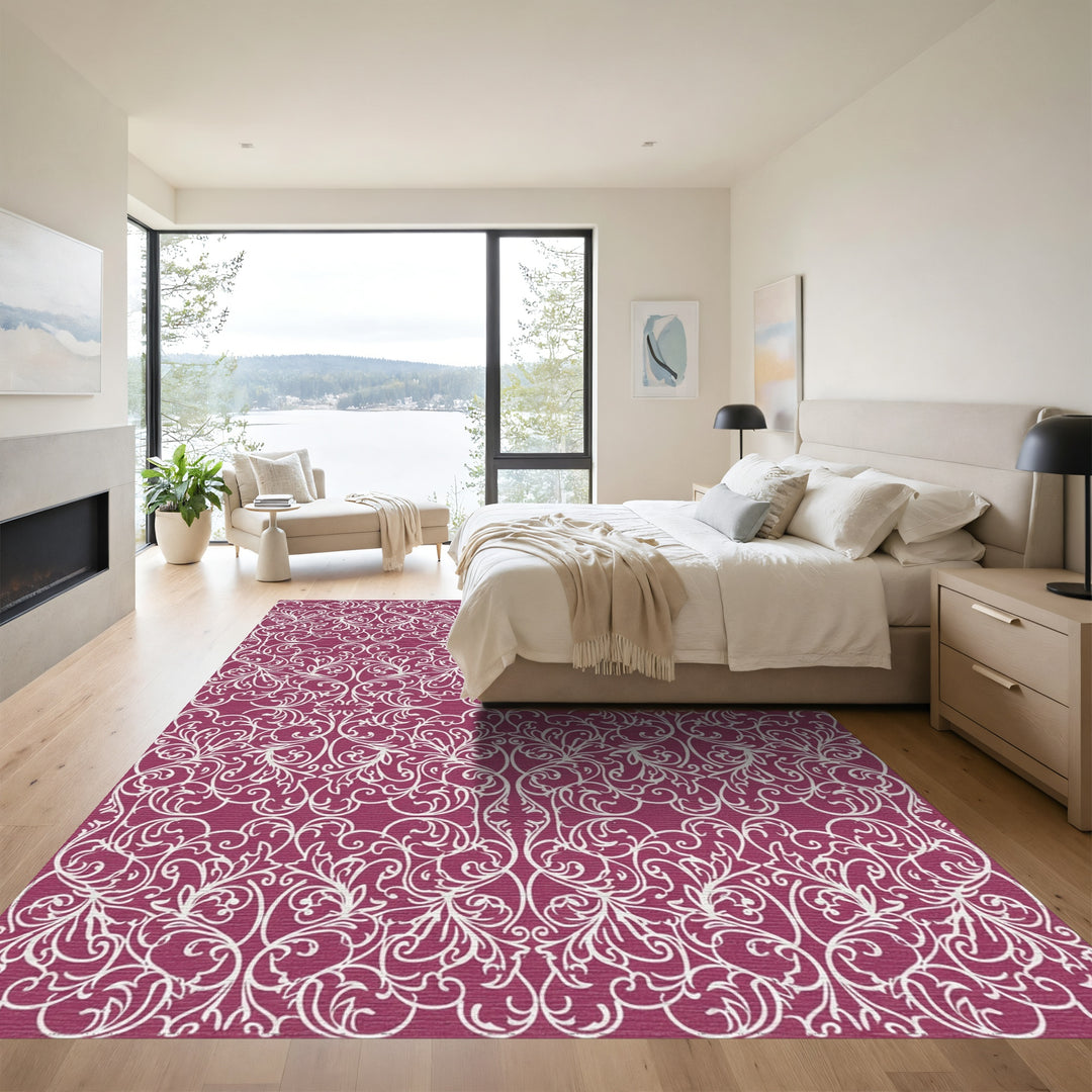 Crimson White Floral Damask Rug