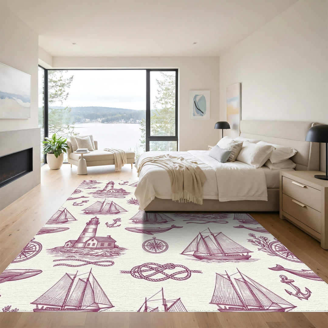 Vintage Nautical Lighthouse Whale Sailboat Rope Rug