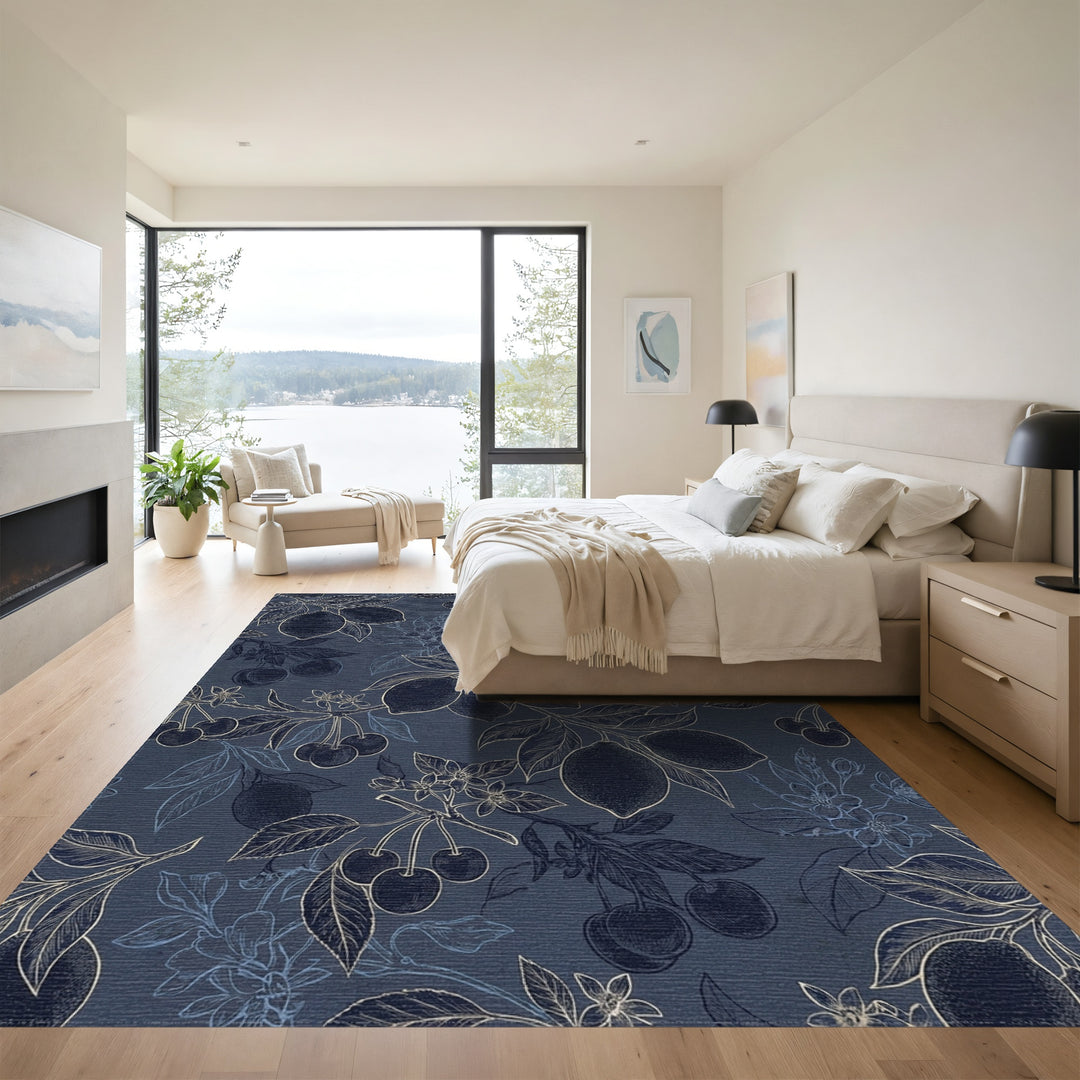 Navy Blue Cherry Lemon Branches Rug