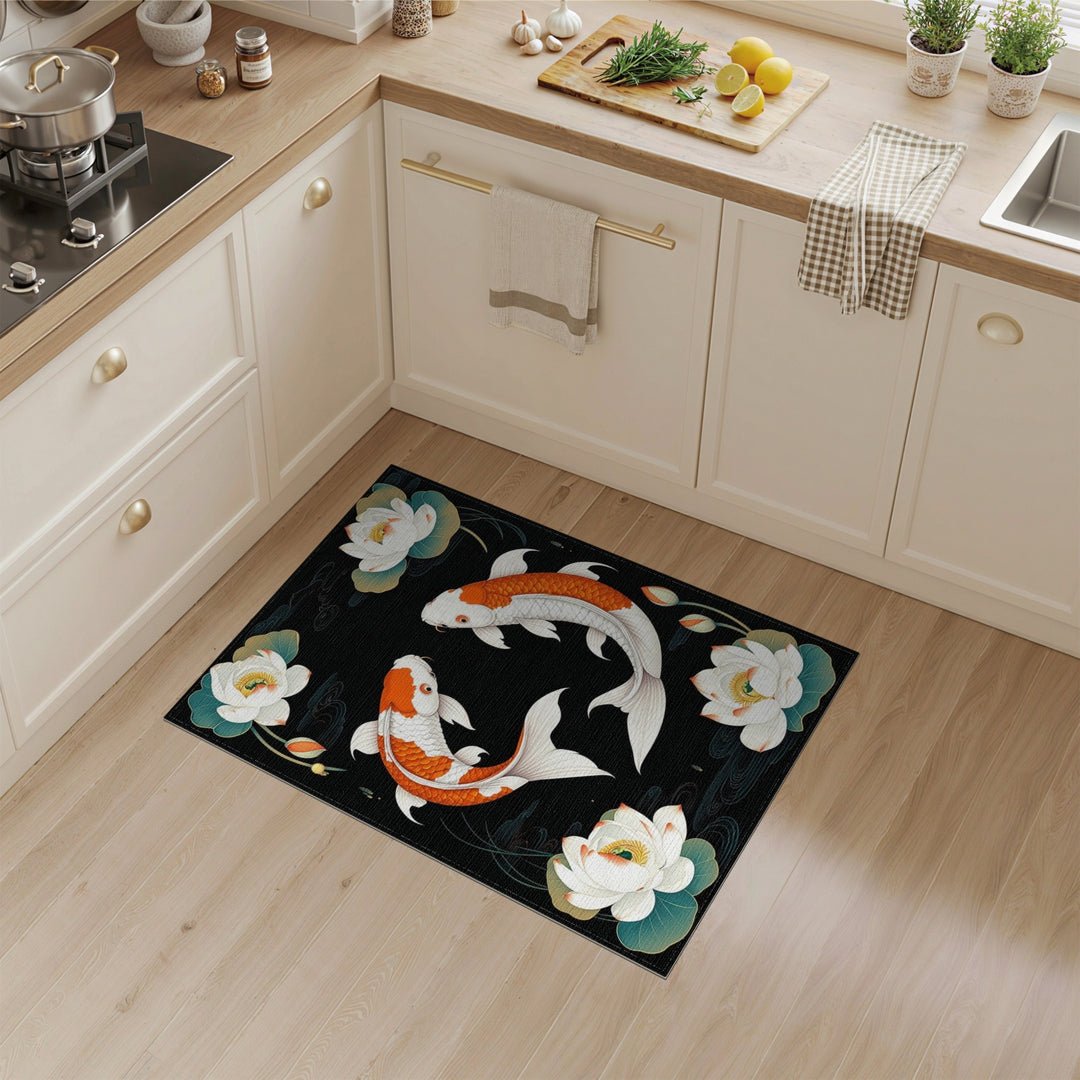 Orange Koi Lotus Black Area Rug