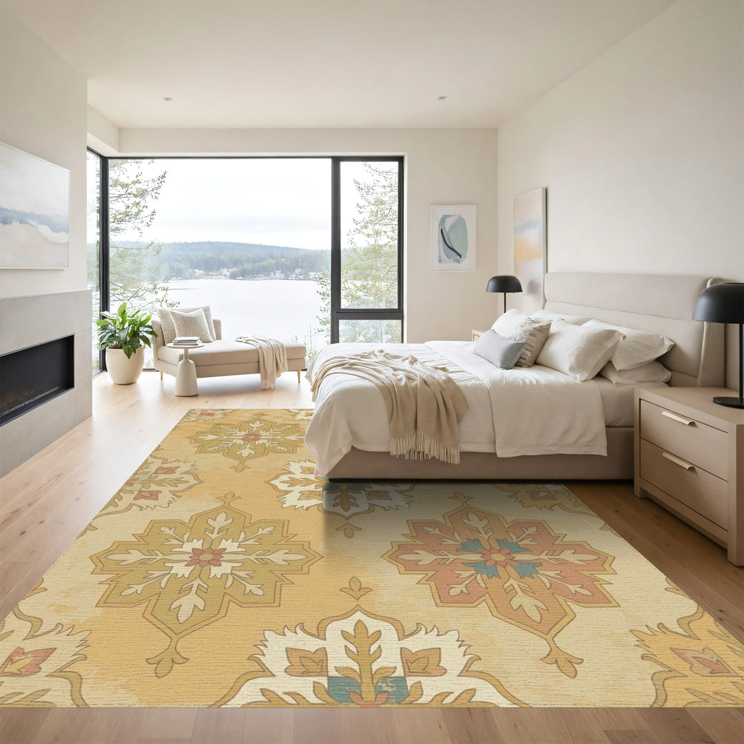 Golden Ochre Floral Starburst Medallion Rug