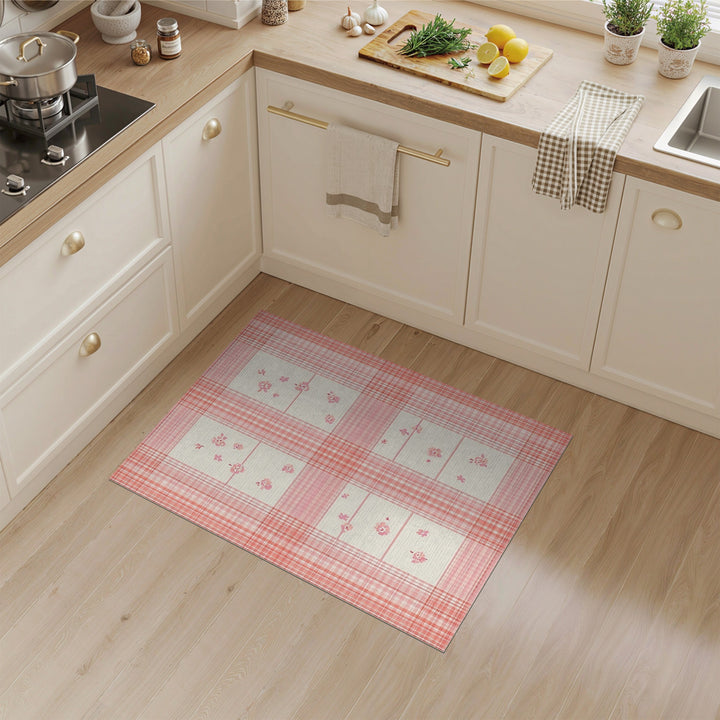 Pink Floral Gingham Area Rug