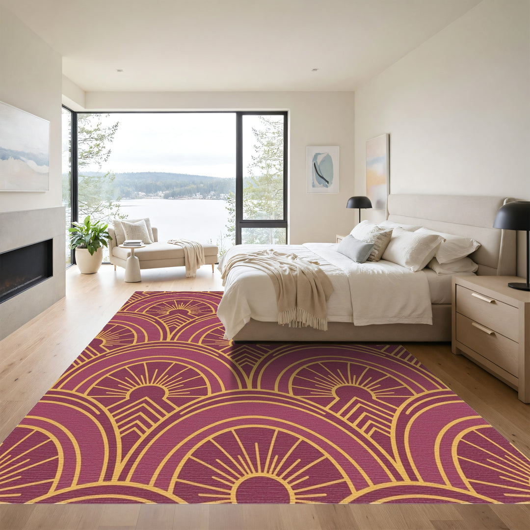 Burgundy Gold Sunburst Geometric Arch Rug