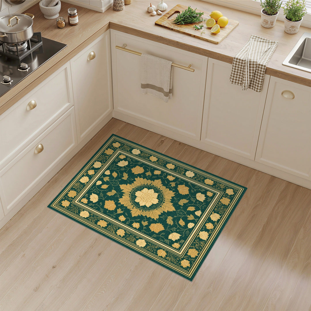 Green Floral Vintage Area Rug with Gold Medallion