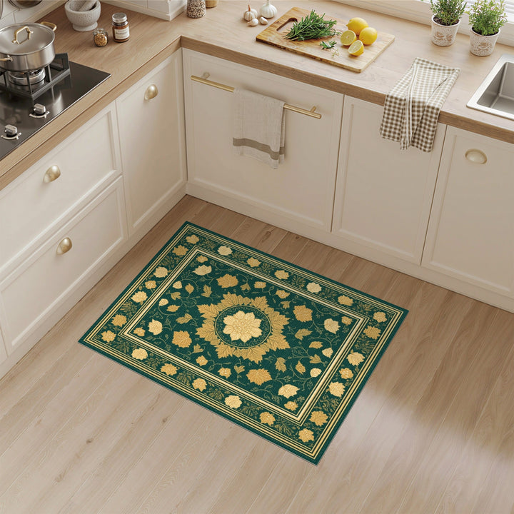 Green Floral Vintage Area Rug with Gold Medallion