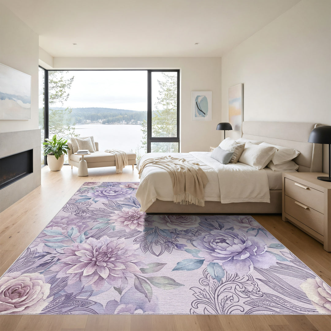 Soft Lavender Floral Scroll Artwork Rug