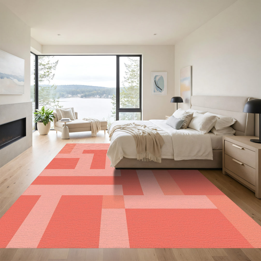 Coral Pink Geometric Interlocking Blocks Rug
