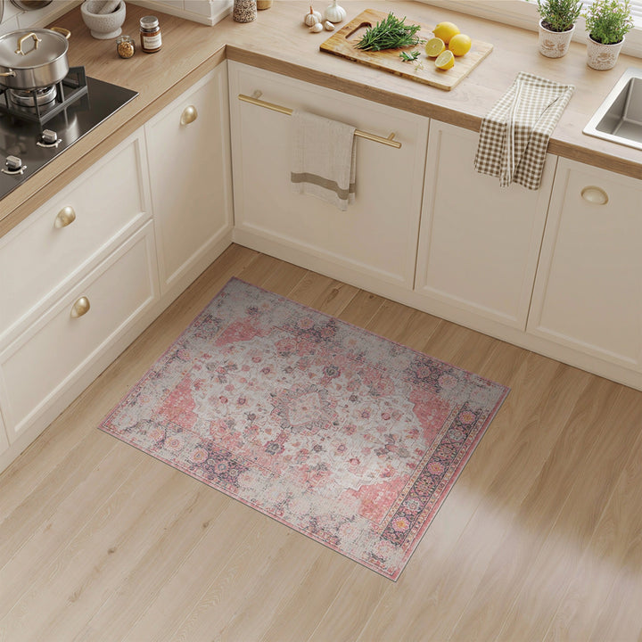 Pink Distressed Vintage Floral Area Rug
