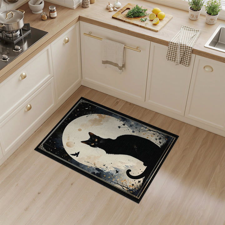 Distressed Vintage Black Cat Moon Silhouette Area Rug