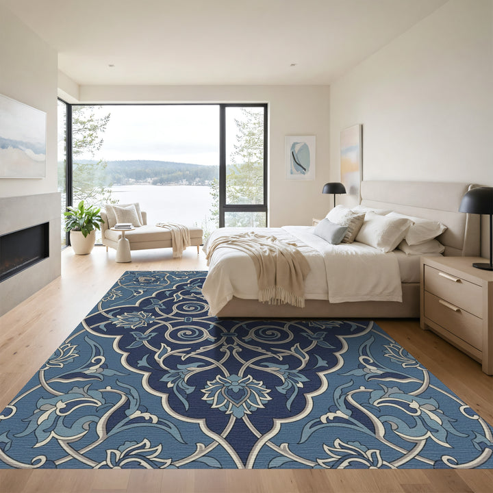 Dark Blue Floral Arabesque Scroll Rug
