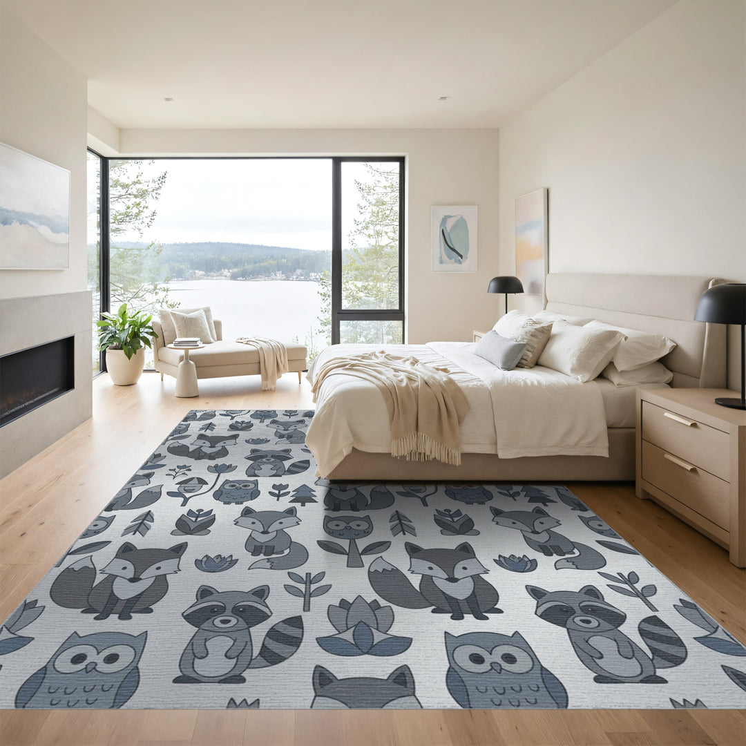 Gray Woodland Creatures Owl Fox Raccoon Rug