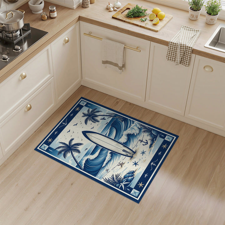 Blue Coastal Surfboard Washable Area Rug