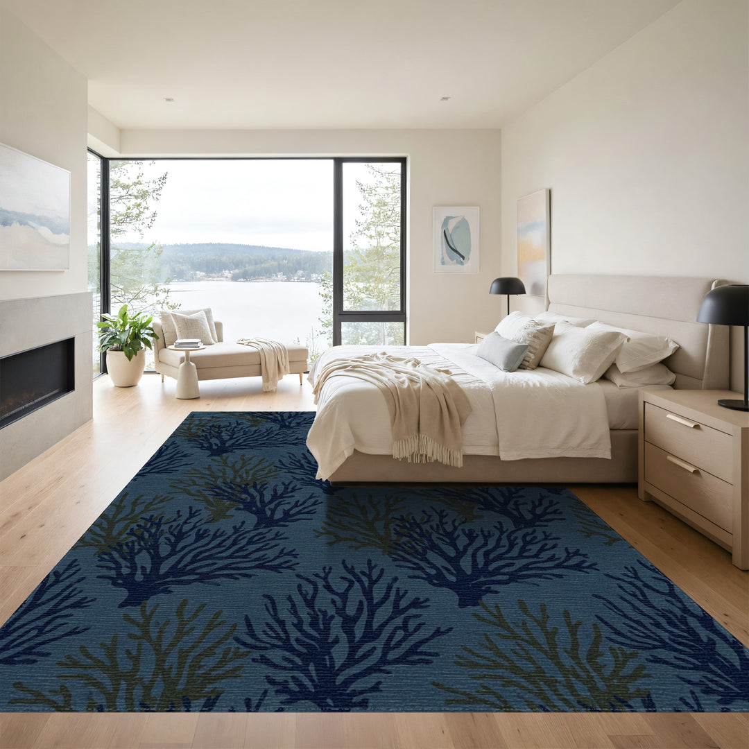 Navy Blue Coral Branch Arrangement Rug