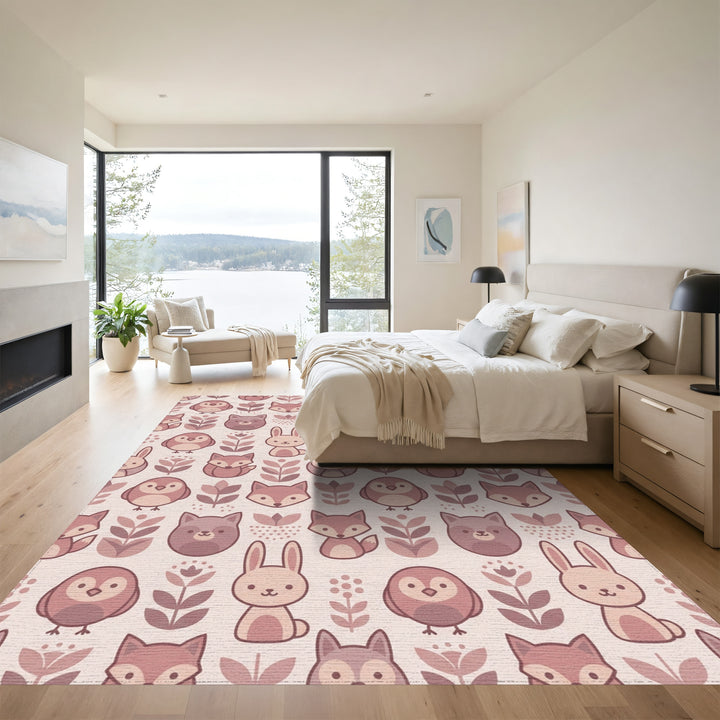 Cute Woodland Creatures And Flowers Rug