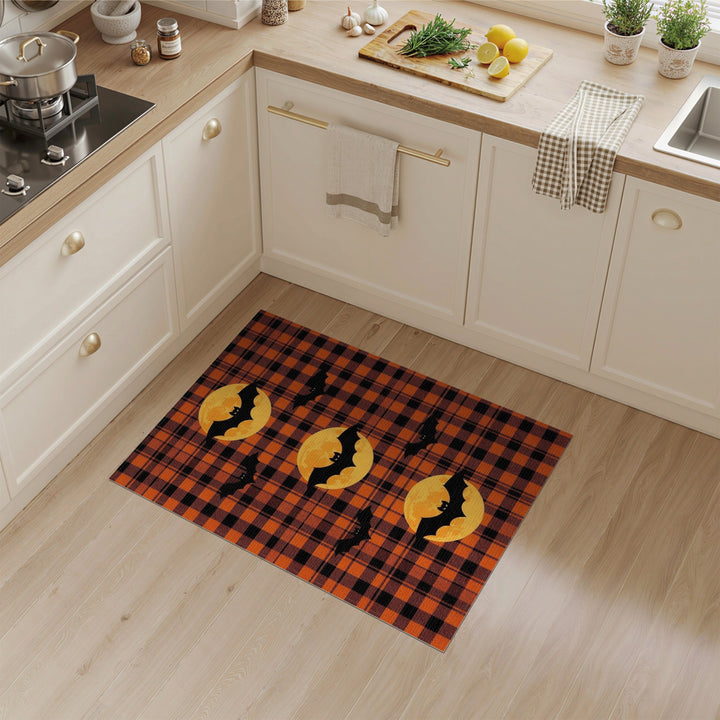 Orange Plaid Bats and Moons Area Rug