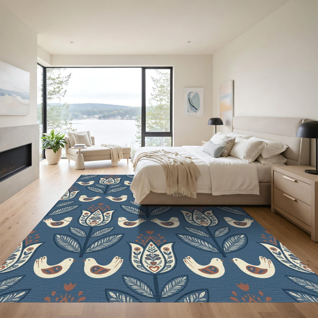 Dark Blue Folk Art Floral Bird Rug
