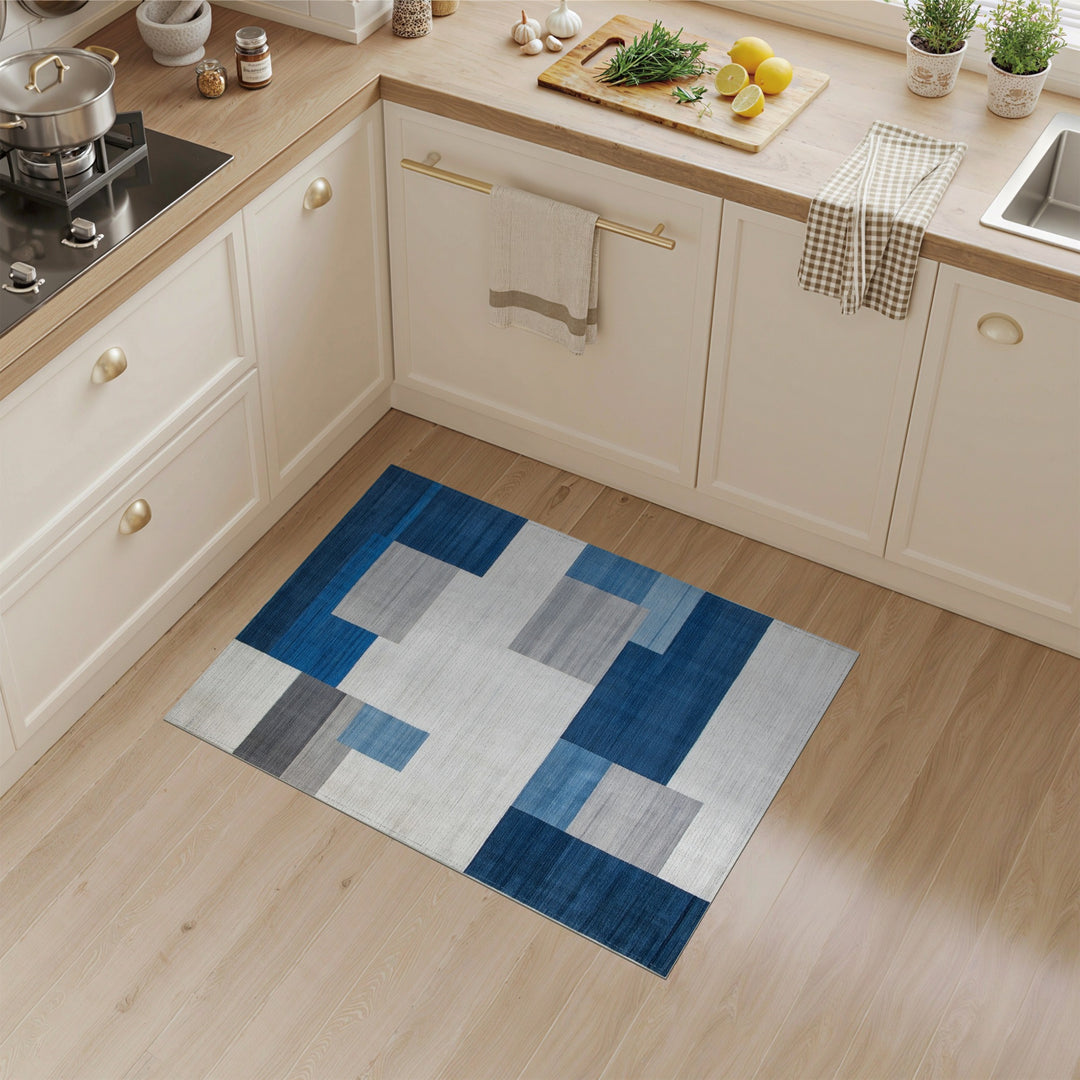 Geometric Modern Blue and Teal Blue Geometric Block Area Rug