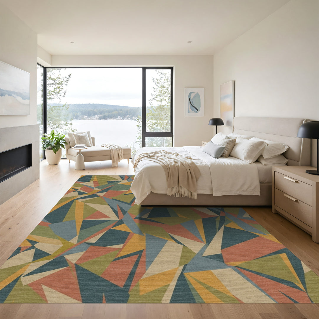 Terracotta Blue Earth Geometric Mosaic Rug