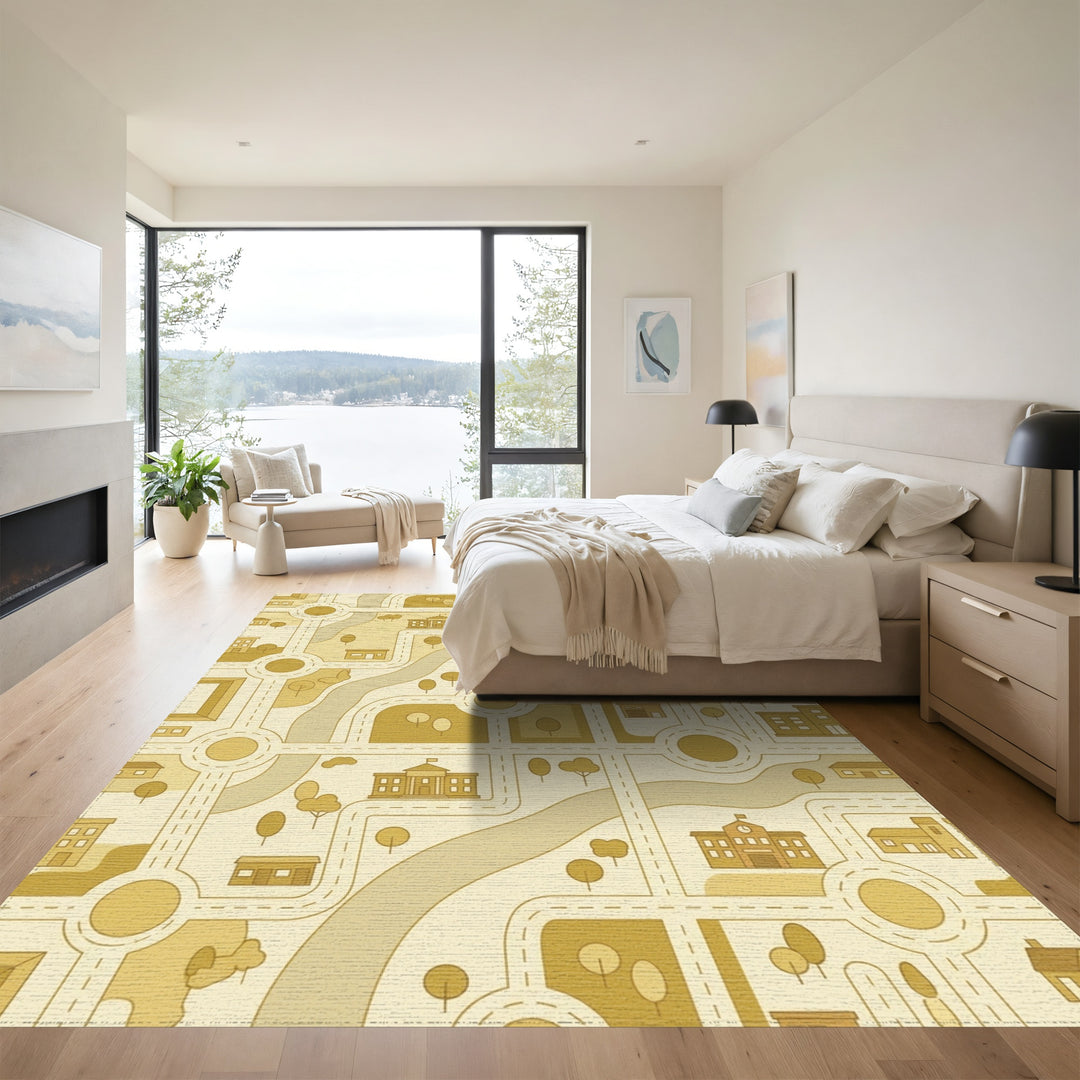 Golden Cityscape Road Map Illustration Rug