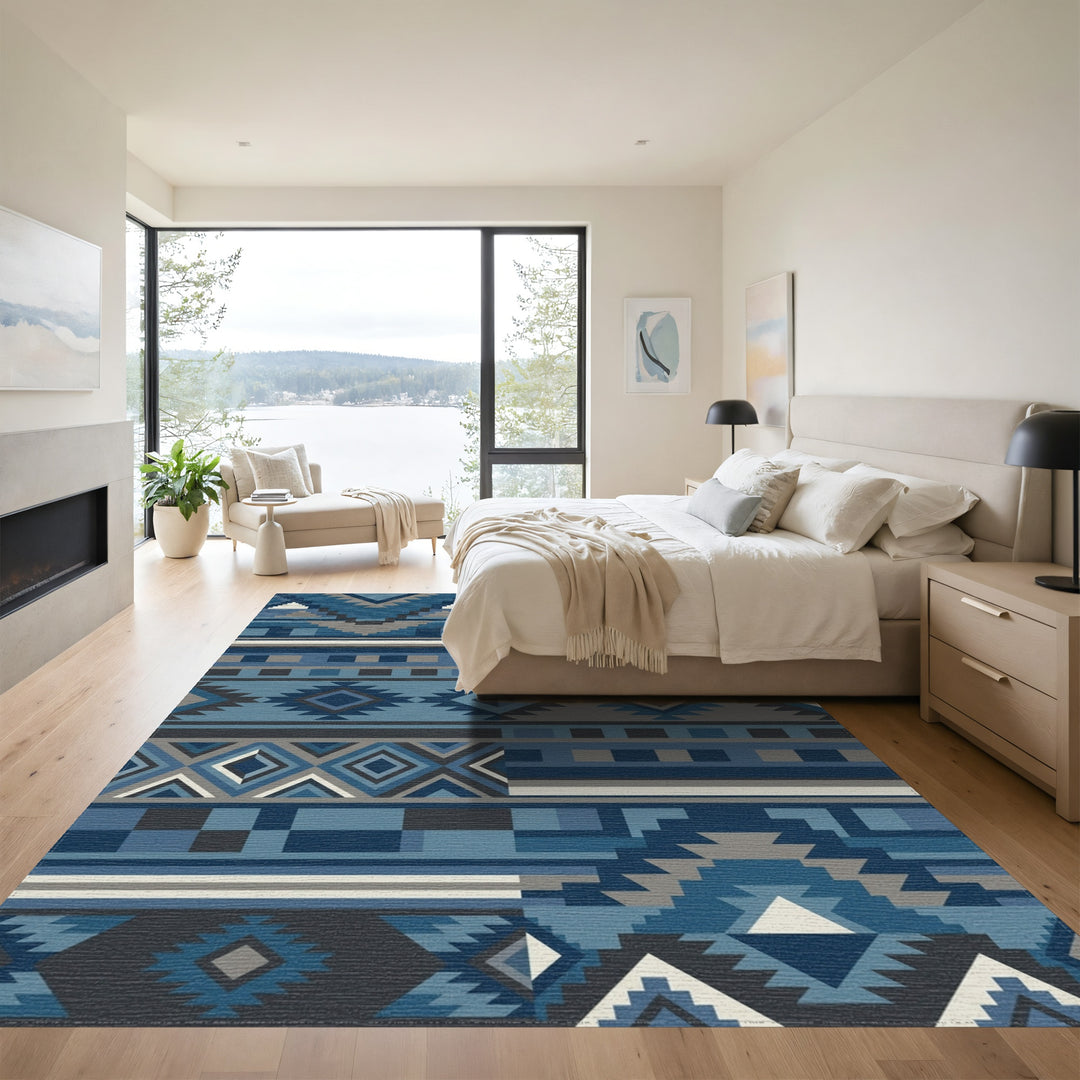 Blue Geometric Tribal Diamond Rug
