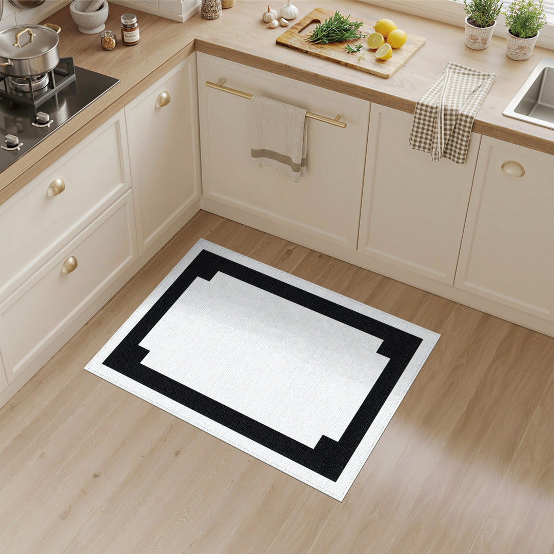 Black White Geometric Step Border Rug