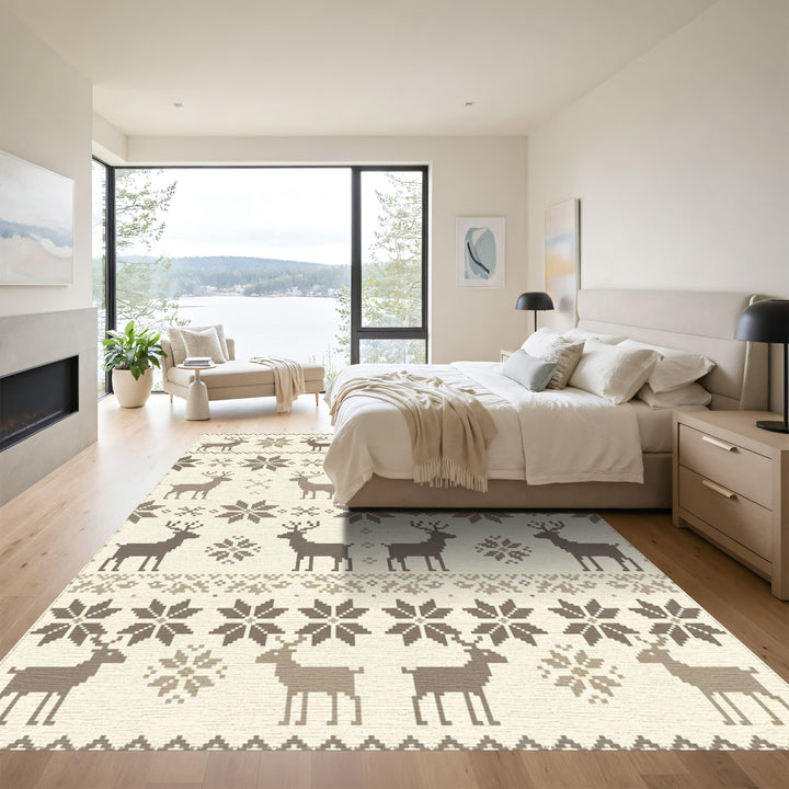 Rustic Beige Deer Snowflake Jacquard Rug