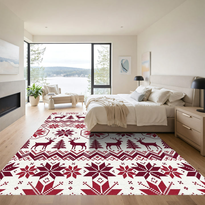Crimson Reindeer and Snowflakes Tapestry Rug