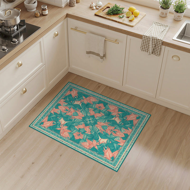 Teal Coral Leaf Botanical Area Rug