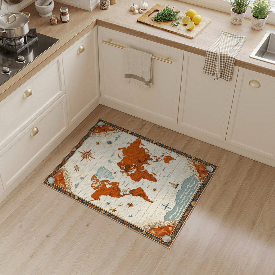 Vintage Orange World Map Area Rug