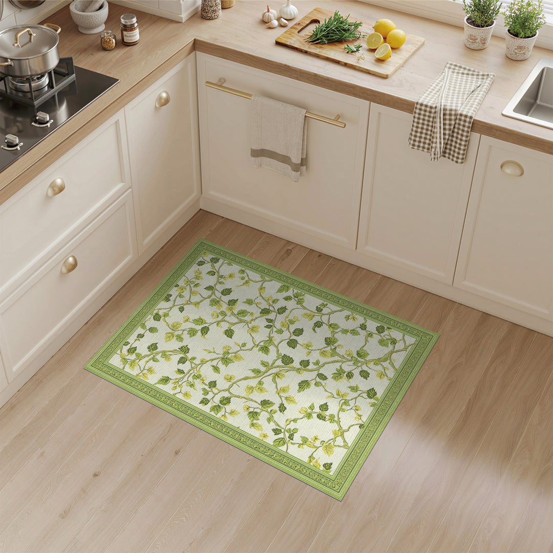 Green Vine Floral Washable Area Rug