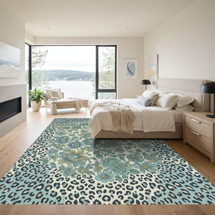 Teal Leopard Floral Medallion Arrangement Rug