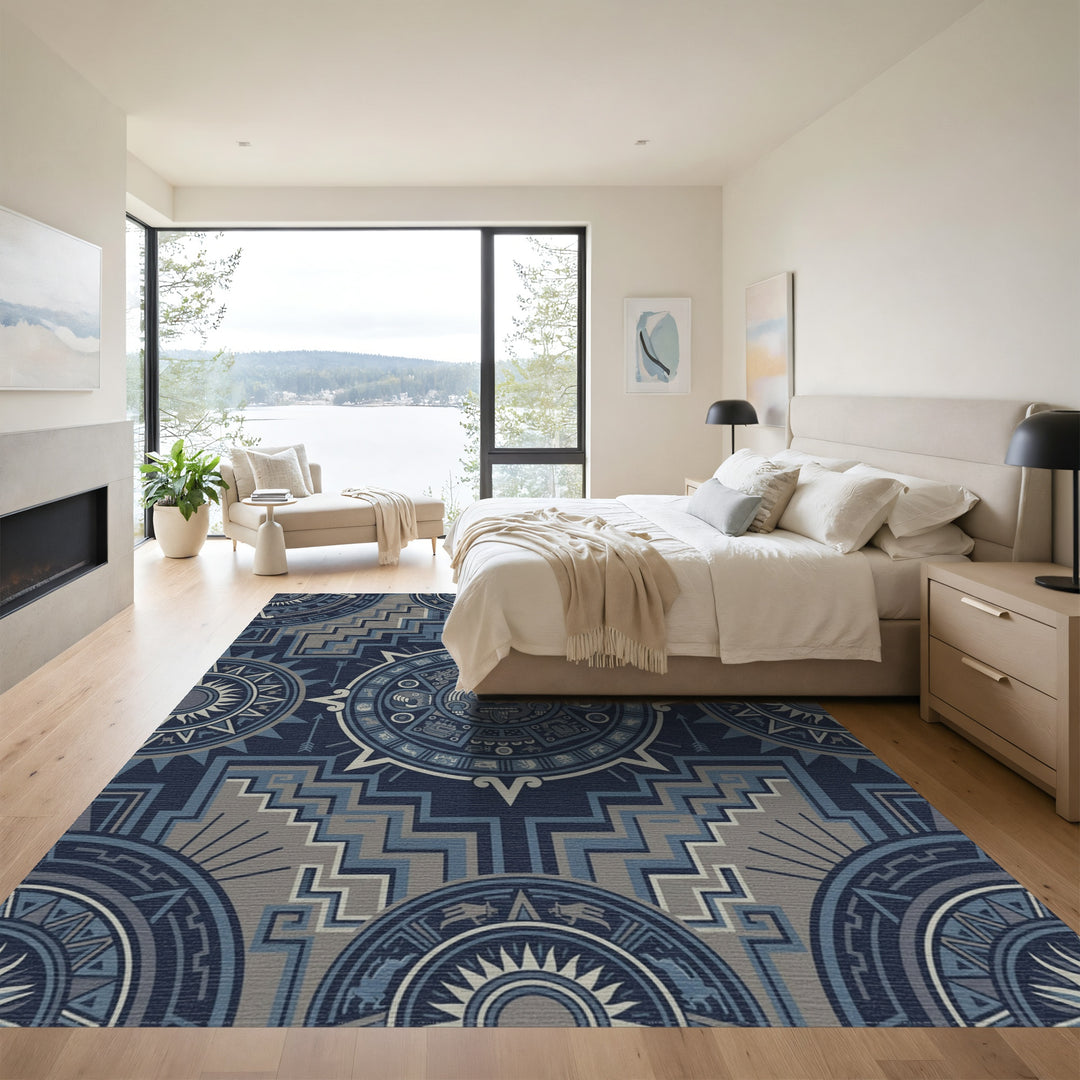 Aztec Sun Stone Blue Geometric Rug
