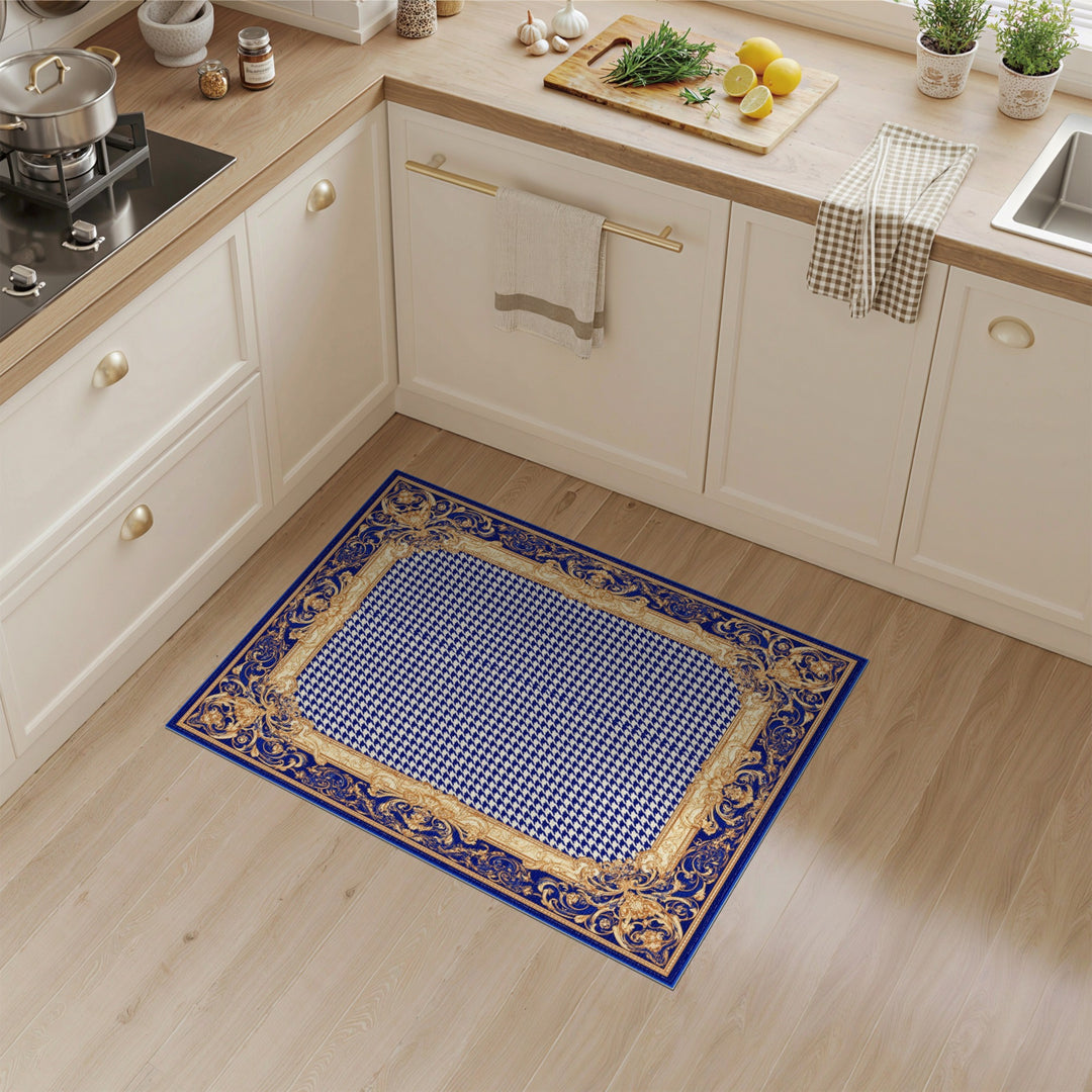 Blue Houndstooth Gold Border Area Rug
