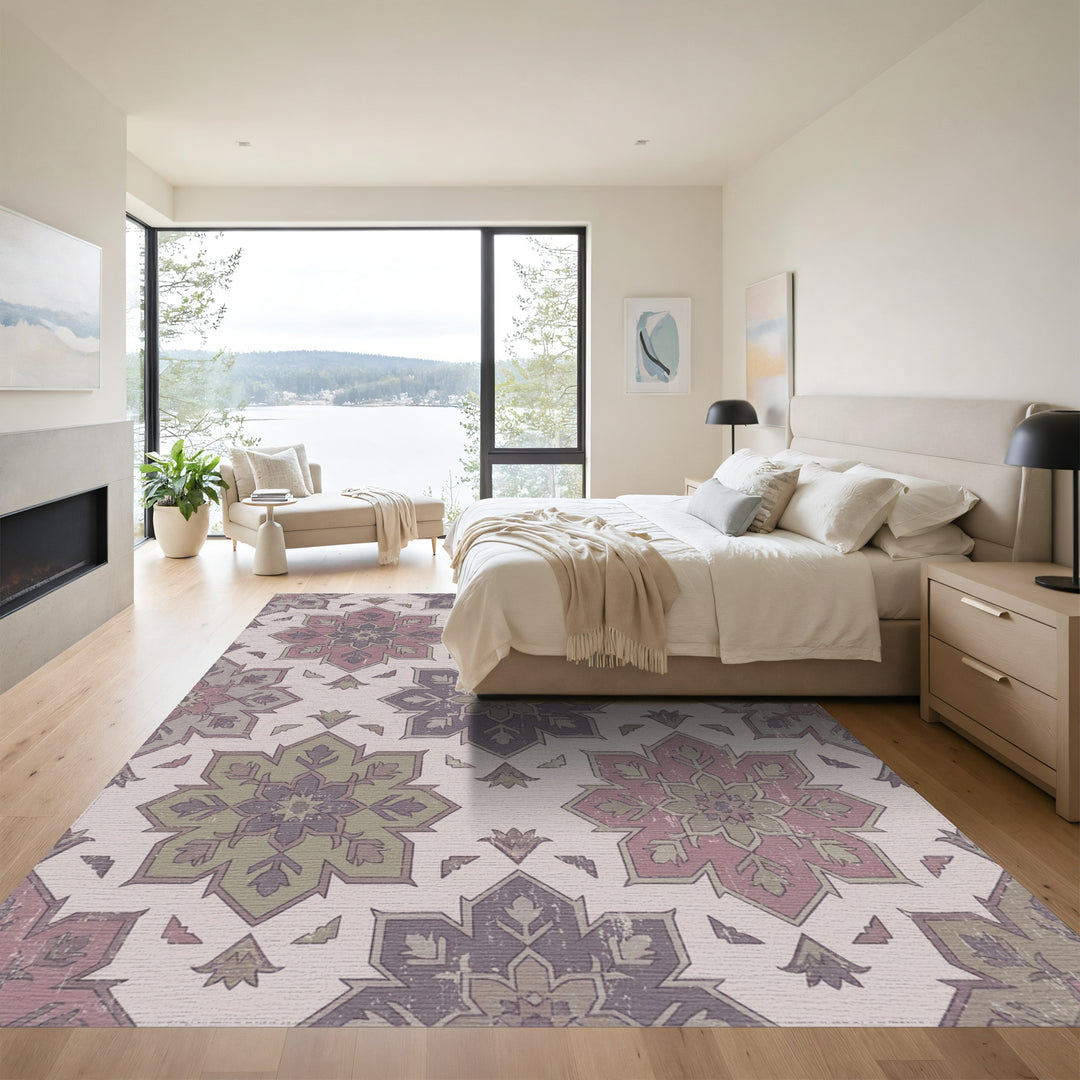 Distressed Floral Medallion Purple Green Rug