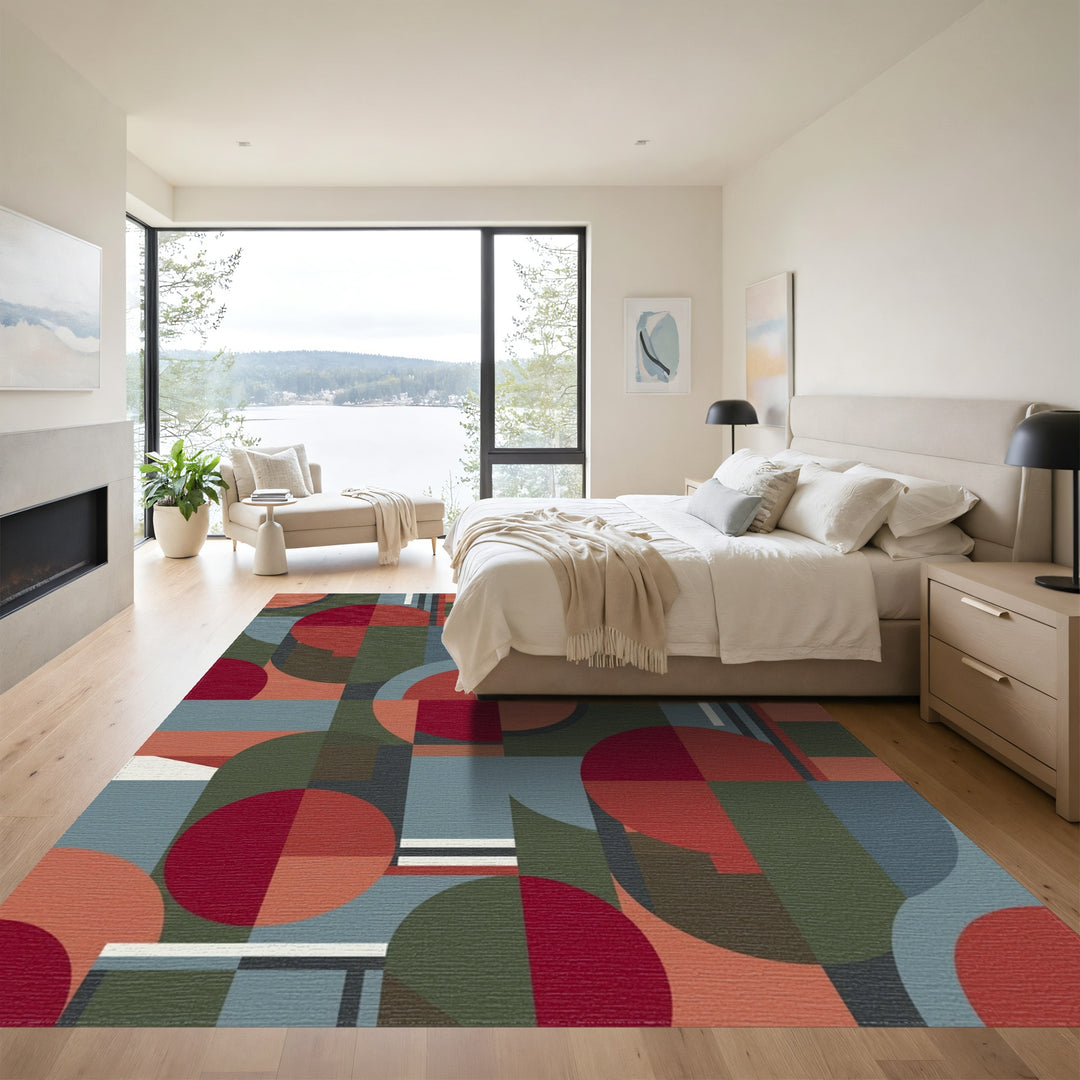 Mid-Century Geometric Circles and Rectangles Rug