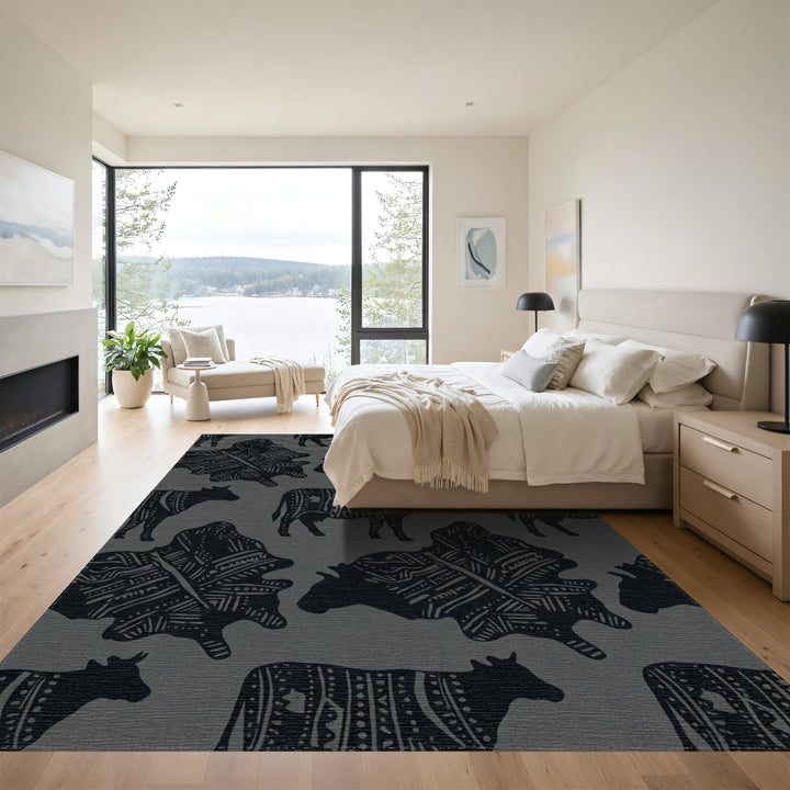 Monochromatic Abstract Cow Folk Art Rug