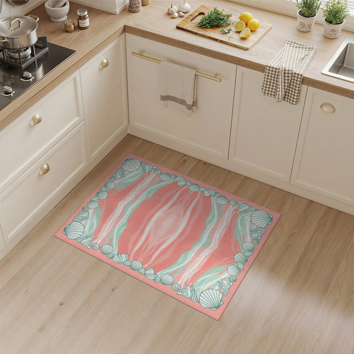 Pink Seashell Border Coastal Area Rug