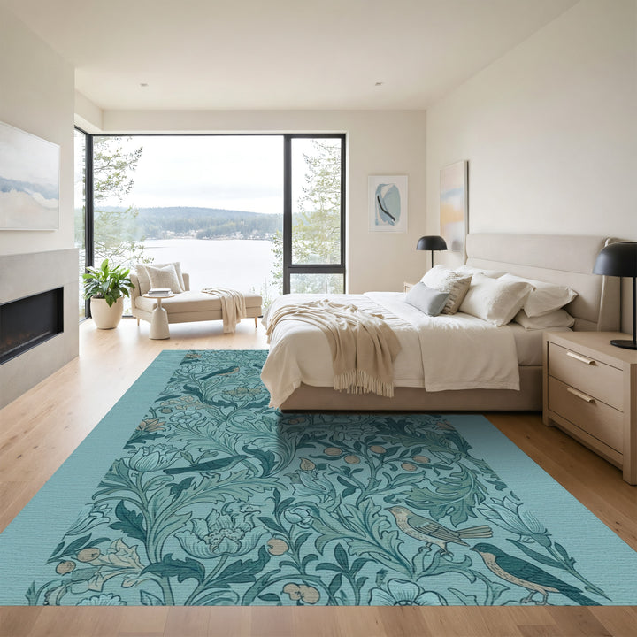 Teal Floral Birds and Fruit Garden Rug