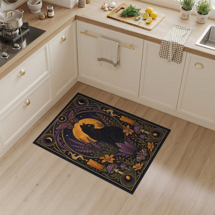 Mystic Black Cat Moon Purple Area Rug