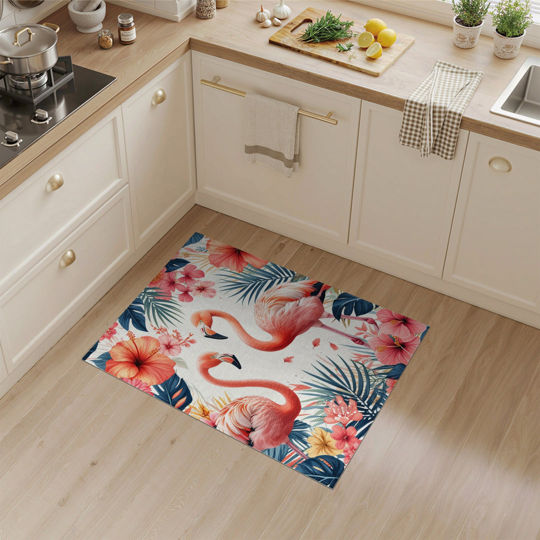 Multi-color and Patterns Pink Flamingo Hibiscus Washable Area Rug
