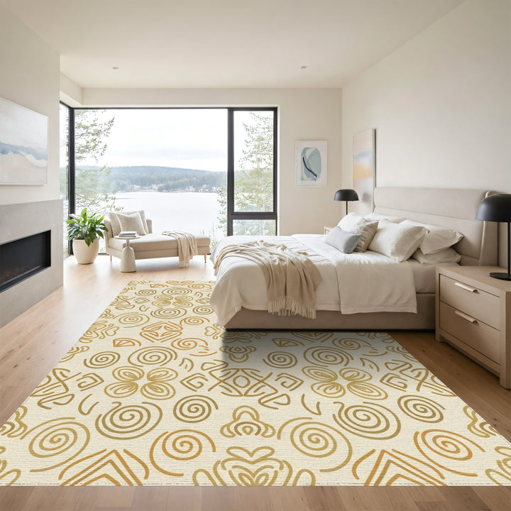 Golden Abstract Swirl and Bloom Rug