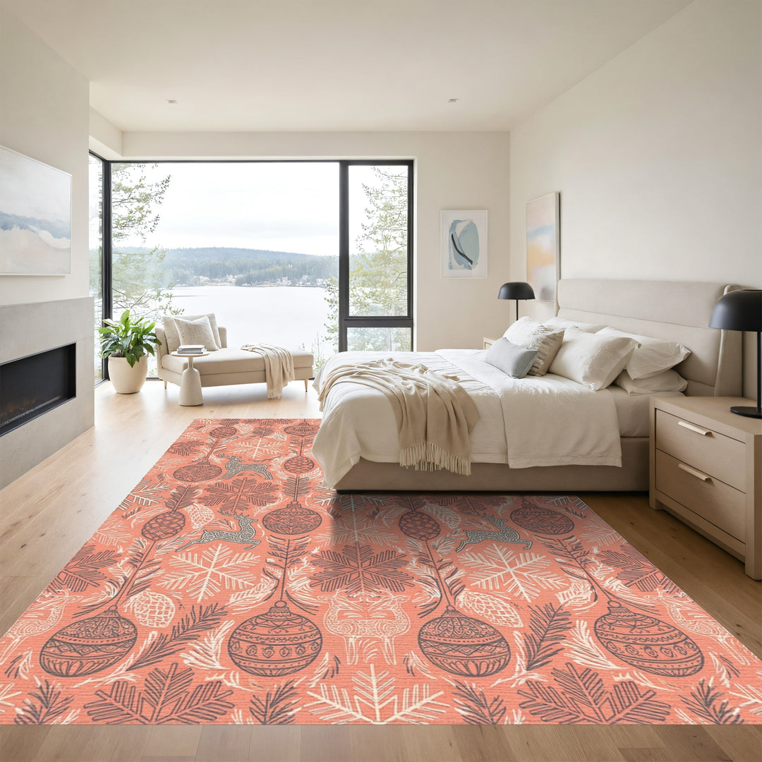 Coral Reindeer Snowflake Ornament Tree Rug