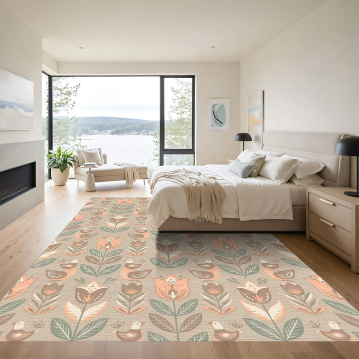 Neutral Earthy Tone Folk Floral Birds Rug